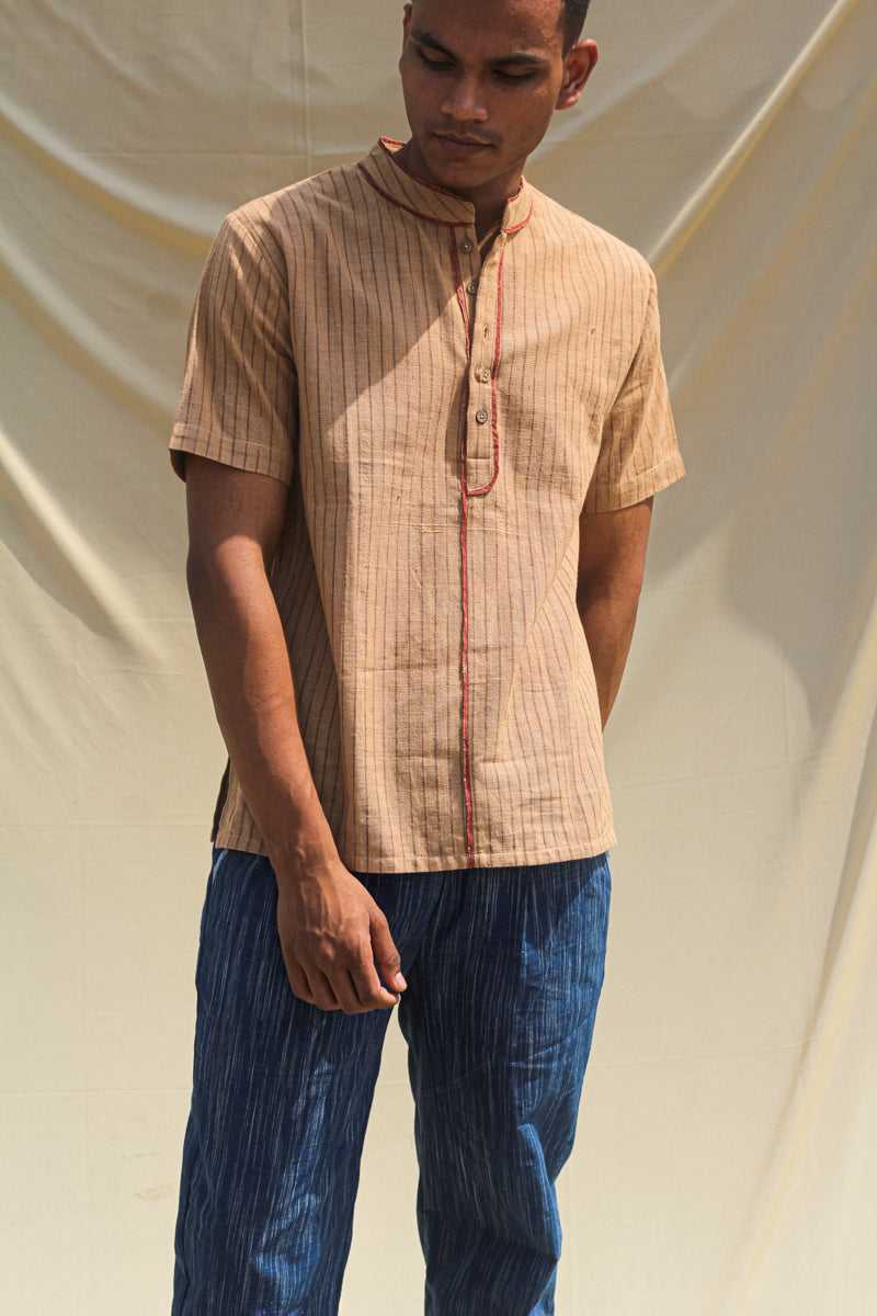 Natural Brown Cotton - The Striped Casual Kurta