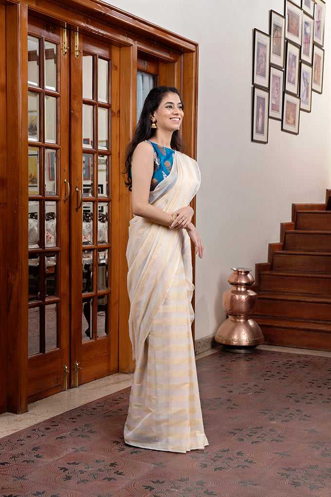 Muted Eggshell White Striped Saree